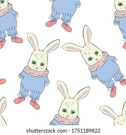 Bunny in pretty suit. Cute seamless vector pattern. Delicate colors.