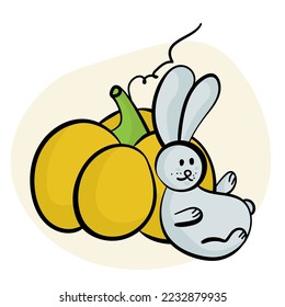 Bunny and pumpkin, cute character in doodle style for autumn card vector illustration