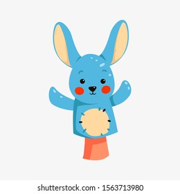 Bunny puppets for hands . Dolls for children theater, performance. Game with doll, vector animal character, isolated icon. Hand puppets, funny rabbit toy animal. 