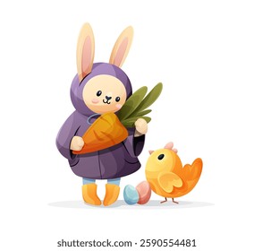 A bunny in a purple hoodie holds a big carrot while a small yellow chick stands nearby with colorful eggs, vector illustration on a white background