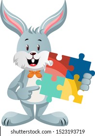 Bunny with puzzle, illustration, vector on white background.