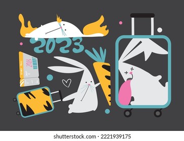 bunny rabbit 2023 white blue pink illustration character ear carrot animal logo new year cartoon symbol vector fun fire suitcase flame newyear holiday travel bag lie poster art fire burn ticket tongue