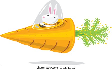 Bunny rabbit astronaut piloting carrot spaceship