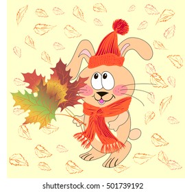 Bunny or rabbit in the autumn clothes with a bouquet of maple leaves.
Autumn leaf fall