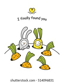 Bunny rabbit and baby carrot are in love. Cute characters in cartoon style. Perfect for children's design, valentines and greeting cards, stickers, posters, textile design and other accessories.  