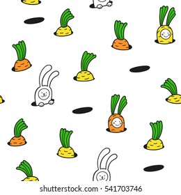 Bunny rabbit and baby carrot play in the garden. Children vector seamless pattern. Cute character design and graphic elements for kids. Cartoon hand drawn style. Wrapping, package, textile design.