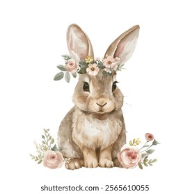 Bunny rabbit baby pet animal among garden flowers vector illustration. Brown bunny vector illustration perfect for Easter-themed designs, greeting cards. Cute rabbit seating among flowers with wreath 