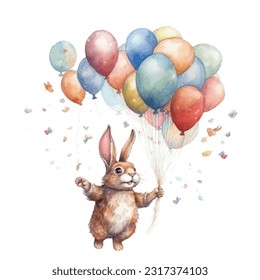 Bunny rabbit with balloons vector illustration isolated on white background. Cute bunny pet, funny rabbit