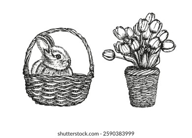 Bunny rabbit in the basket and basket full of tulips flowers sketch outline illustration. Cute little bunny doodle drawing in engraving style. Hand drawn vector line art clipart