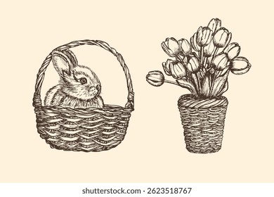 Bunny rabbit in the basket and basket full of tulips flowers sketch outline illustration. Cute little bunny doodle drawing in engraving style. Hand drawn vector line art clipart