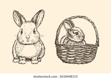 Bunny rabbit in the basket sketch outline illustration set. Cute little bunny doodle drawing in engraving style. Hand drawn vector line art clipart