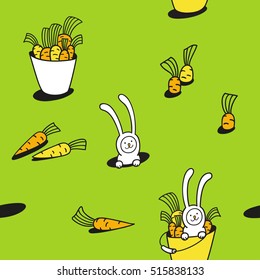 Bunny rabbit and carrot seamless pattern. Children vector illustration. Cute character design and graphic elements for kids. Cartoon hand drawn style. Wrapping, package, textile design.