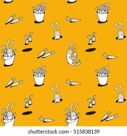 Bunny rabbit and carrot seamless pattern. Children vector illustration. Cute character design and graphic elements for kids. Cartoon hand drawn style. Wrapping, package, textile design.