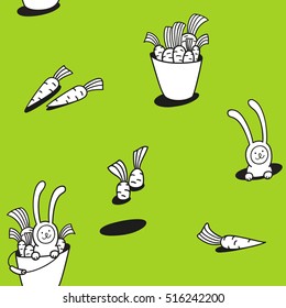 Bunny rabbit and carrot seamless pattern. Children vector illustration. Cute character design and graphic elements for kids. Cartoon hand drawn style. Wrapping, package, textile design.