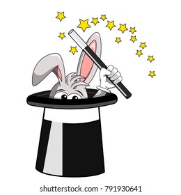 Bunny or rabbit cartoon holding magician stick and popping up from top hat