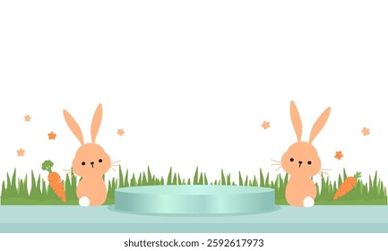 Bunny rabbit cartoons, carrot, cute flower, green grass and stage podium on white background vector.