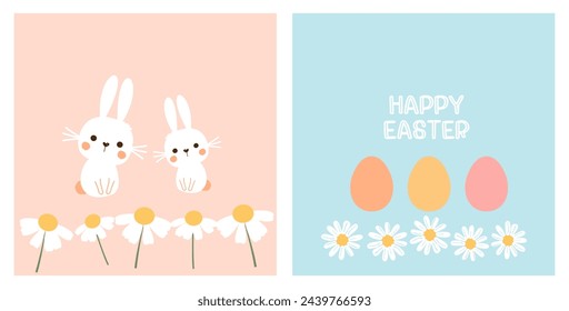 Bunny rabbit cartoons, daisy flower, hand written fonts and Easter eggs on orange and blue background vector.