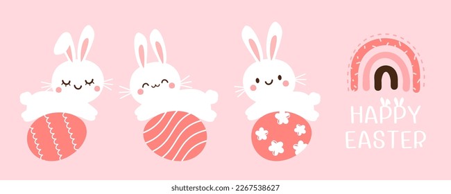 Bunny rabbit cartoons, Easter eggs, rainbow and hand drawn fonts on pink background vector illustration.