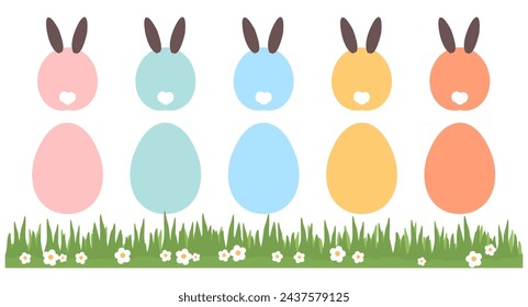 Bunny rabbit cartoons, Easter eggs, daisy flower and green grass icon sign isolated on white background vector.