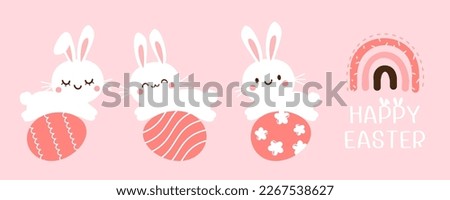 Bunny rabbit cartoons, Easter eggs, rainbow and hand drawn fonts on pink background vector illustration.