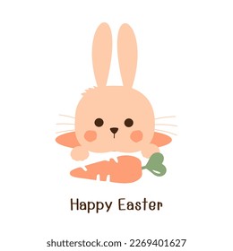 Bunny rabbit cartoons in the hole, carrot and hand written fonts isolated on white background vector illustration. Cute childish print.