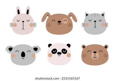 Hase Kaninchen, Katze Kätzchen, Hund, Bär, Panda, Koala-Set. Lustiger Gesichtskopf. Netter Kawaii-Cartoon-Charakter. Valentinstag. Aufkleberdruck. Grußkarte. Kinderstil. Flaches Design Weißer Hintergrund Vektor