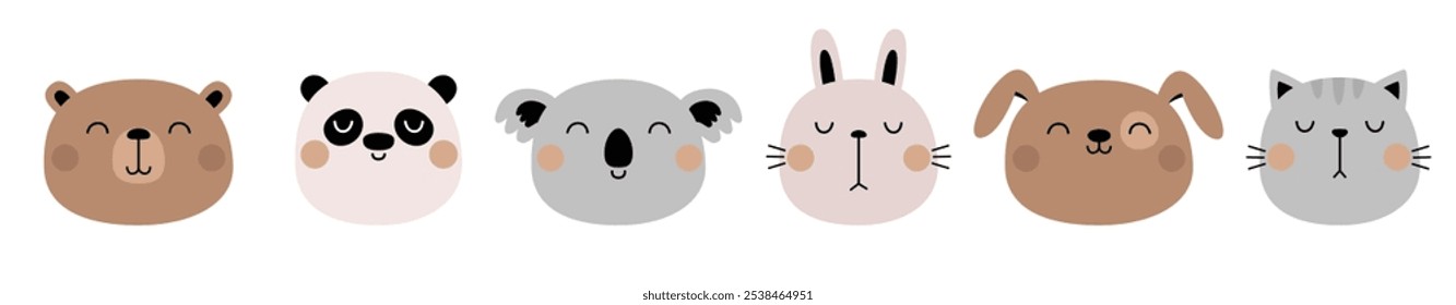 Conejo conejo, gato, gatito, perro, oso, panda, koala set line. Cara linda. Personaje divertido de dibujos animados kawaii. Día de San Valentín. Impresión de la etiqueta engomada. Tarjeta de felicitación. Estilo infantil. Diseño plano Vector de fondo blanco