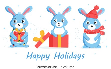 Bunny or rabbit celebrate winter holidays and Christmas. Greeting card design. Vector illustration