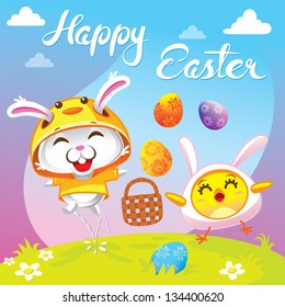 Bunny rabbit chicken Happy Easter cartoon animals vector illustration / Cute Happy Easter Wish / Children, Kids, Fairytale