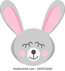 Bunny rabbit with closed eyes vector graphic. Cute animal in a flat style. cartoon children character. portrait, face, face, icon, card, design element, single poster