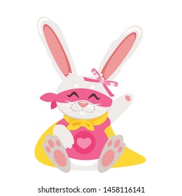 Bunny, rabbit cute cuddly toy flat vector illustration. Adorable fluffy, soft superhero cartoon character design. Small nice animal friend with pink shirt and yellow cape. Childrens book story