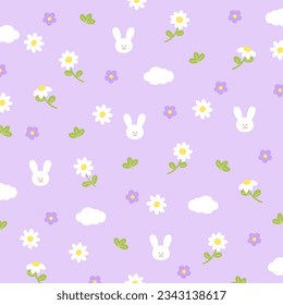 Conejo conejo conejo, flores de margarita y nube sobre un fondo violeta pastel, papel pintado, pancarta, plantilla de anuncios, fondo, marco, impresión de tela floral, patrón de temporada otoño y otoño, publicación en medios sociales, afiche.
