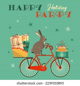 Bunny Rabbit deliver presents to holiday party fancy vector poster. Funny rabbit transport gifts design element. Lunar New Year symbol hare illustration. Festive holiday event celebration background