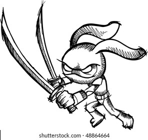 Esbozo de Doodle Conejo Conejo Conejo Ilustración de Vector Ninja