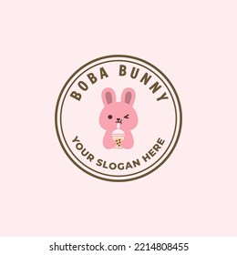 Bunny rabbit drinking bubble tea or boba mascot logo