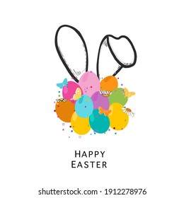 Bunny rabbit ear and eggs simple Happy Easter. Fabric, T-shirt design, photo, easter element vector illustration