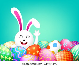 Bunny rabbit with Easter eggs. Happy easter day concept,  illustration isolated on green  background. Great for banner, poster and greeting card.