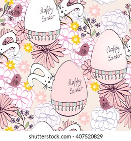 Bunny rabbit with Easter eggs surrounded by flowers