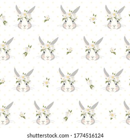 Bunny rabbit face floral wreath yellow polka dot seamless pattern. Happy hare animal mascot. White yellow flowers. Vector design illustration.