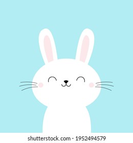 Bunny rabbit face. Happy Easter. Cute cartoon kawaii funny smiling baby character. Long ears. Farm animal collection. Spring greeting card. Flat design. Blue background. Isolated. Vector illustration