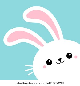 Bunny rabbit face head in the corner. Happy Easter. Cute kawaii cartoon funny smiling baby character. White farm animal. Flat design. Blue background. Isolated. Vector illustration