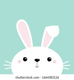 Bunny rabbit face head. Cute cartoon kawaii funny baby character. Long ears. Happy Easter. Farm animal collection. Blue background. Spring greeting card. Isolated. Flat design. Vector illustration