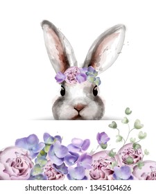 Bunny rabbit with flowers Vector watercolor. Cute spring card. Easter holiday greeting