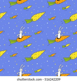 Bunny rabbit and flying carrot seamless pattern. Children vector illustration. Cute character design and graphic elements for kids. Cartoon hand drawn style. Wrapping, package, textile design.