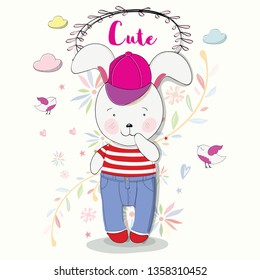 Bunny Rabbit Hand writing vector illustration for Greeting card templates. Happy Easter Celebration