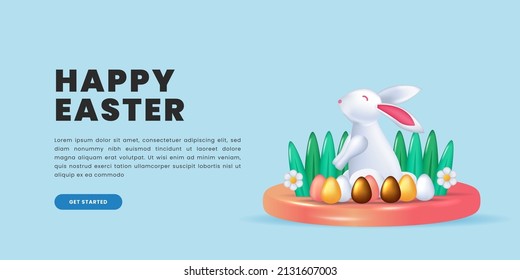Bunny rabbit hare cute animal with egg on the cylinder podium stage for happy easter illustration concept