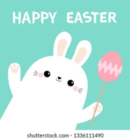 Bunny rabbit head face in the corner holding painting egg on stick. Waving paw print hand. Happy Easter. Cute cartoon kawaii funny baby character. Farm animal Blue pastel background Flat design Vector