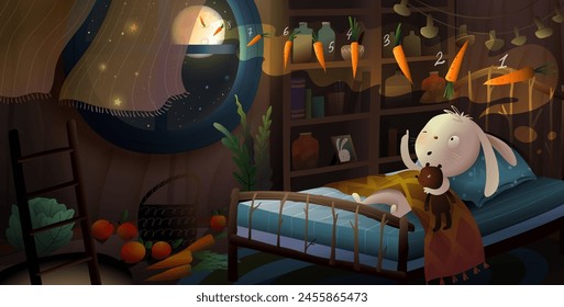 Conejo o conejo con su osito de peluche de juguete tratando de dormir en su cama contando zanahorias. Personajes de juguetes de animales durmientes en el dormitorio de los niños por la noche. Ilustración vectorial para niños cuento o libro de cuento de hadas.