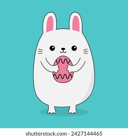 Bunny rabbit holding pink painting egg. Farm animal. Doodle contour line animal. Cute cartoon kawaii funny baby character. Happy Easter. Greeting card. Blue background. Flat design Vector illustration