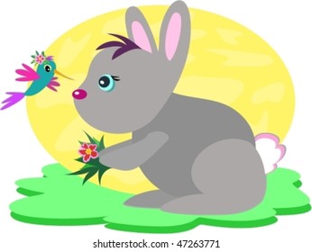 Bunny Rabbit and Hummingbird Vector